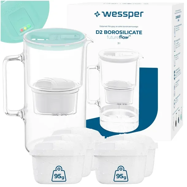 Dzbanek filtrujący szklany Wessper D2 BOROSILICATE FF 3l miętowy + 6x filtr