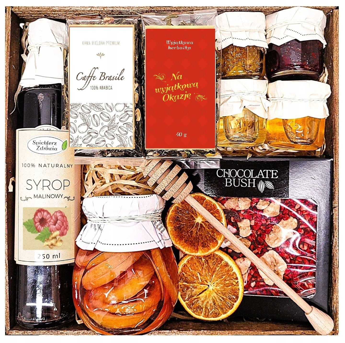 Kosz Prezentowy Upominek Herbata Miód Syrop Malinowy Czekolada