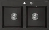 Zlewozmywaki - Mexen Hektor zlewozmywak granitowy 2-komorowy 800 x 490 mm, czarny/złoty metalik, syfon chrom - 6521802000-75 - miniaturka - grafika 1