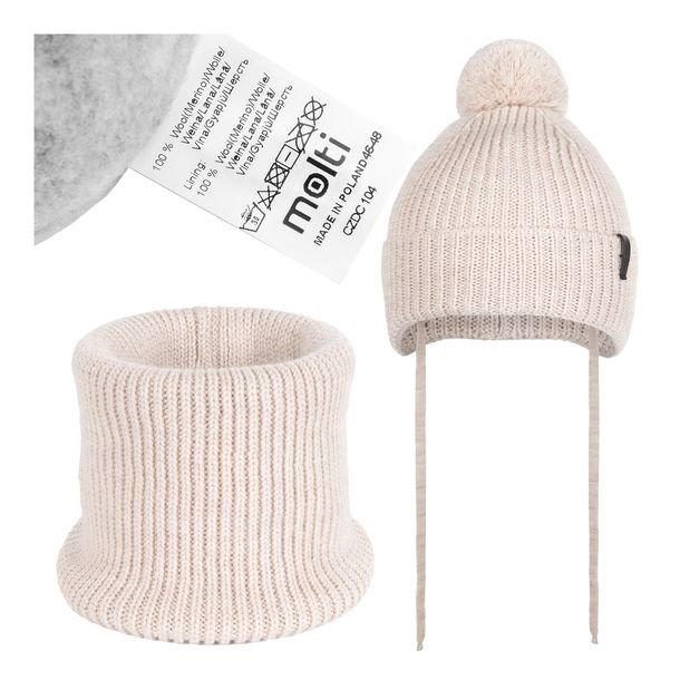 Czapka dziecięca ZIMOWA komin komplet WEŁNA MERINO ocieplana pompon 46-48