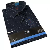 Koszule męskie - Koszula elegancka męska granatowa w zygzaki długi rękaw slim fit L(40/41) - miniaturka - grafika 1