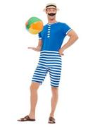 Stroje kąpielowe - Smiffys Smiffys 50726M kostium kąpielowy z lat 20-tych, męski, niebieski i biały, M - rozmiar 96 cm - 100 cm 50726M - miniaturka - grafika 1