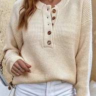 Bluzy damskie - TEMU Sweter Damski Casual z Guzikami - Miękka Bluza z Okrągłym Dekoltem i Długim Rękawem, Jednokolorowy, Wygodny na Jesień/Zimę, Trwała Odzież - miniaturka - grafika 1