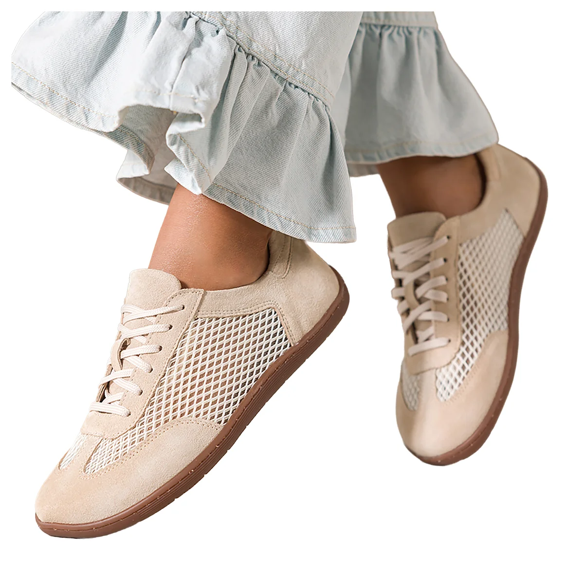 Beżowe buty barefoot siateczkowe skórzane damskie szerokie na elastycznej płaskiej podeszwie sznurowane PRODUKT POLSKI Casu M8726-36