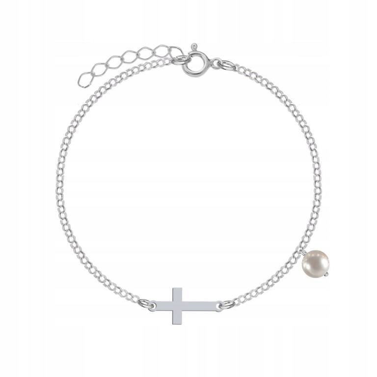 Bransoletka Srebrna Krzyżyk Perła Srebro 925 Prezent ŻYCZENIA GRATIS