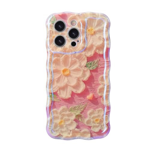 NEWOD Etui na iPhone'a 15 Pro 16.1 cm kolorowy obraz olejny retro nadruk kwiat laserowy błyszczący wzór śliczna fala etui na telefon stylowe etui ochronne TPU dla kobiet dziewcząt pani (beżowo-różowe)