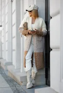 Swetry damskie - Długi, trójkolorowy kardigan - brązy One size Sploty - miniaturka - grafika 1