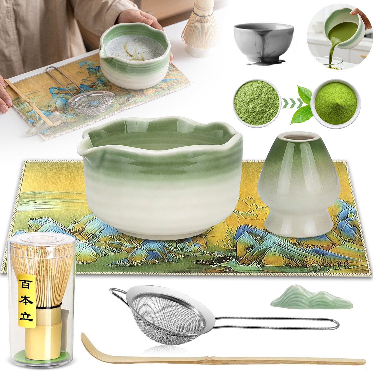 Bambusowy Zestaw Do Robienia Matchy Trzepaczka Łyżka Chasen, Miotełka 7EL