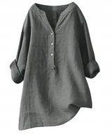 Koszule damskie - Damska Koszula Bawełniana Z Długim Rękawem Dekolt W Serek - Szara - miniaturka - grafika 1