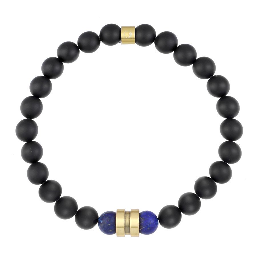 Bransoletka Męska z pozłacanym postarzanym charmsem z czarnymi kulkami onyksu i lapis lazuli.