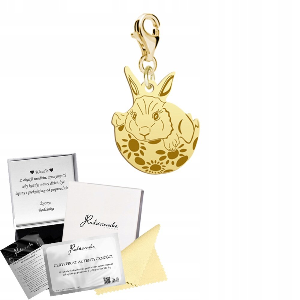 Charms Złoty Zajączek Wielkanocny SREBRO 925 Prezent DEDYKACJA GRATIS
