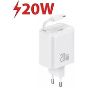 Ładowarki do telefonów - USAMS Ład. siec. 1xUSB-C ze zwijanym kablem USB-C Retractable PD+QC 20W Gan Fast Charging biały/white YC Series CC233TC02 (US-CC233) - miniaturka - grafika 1