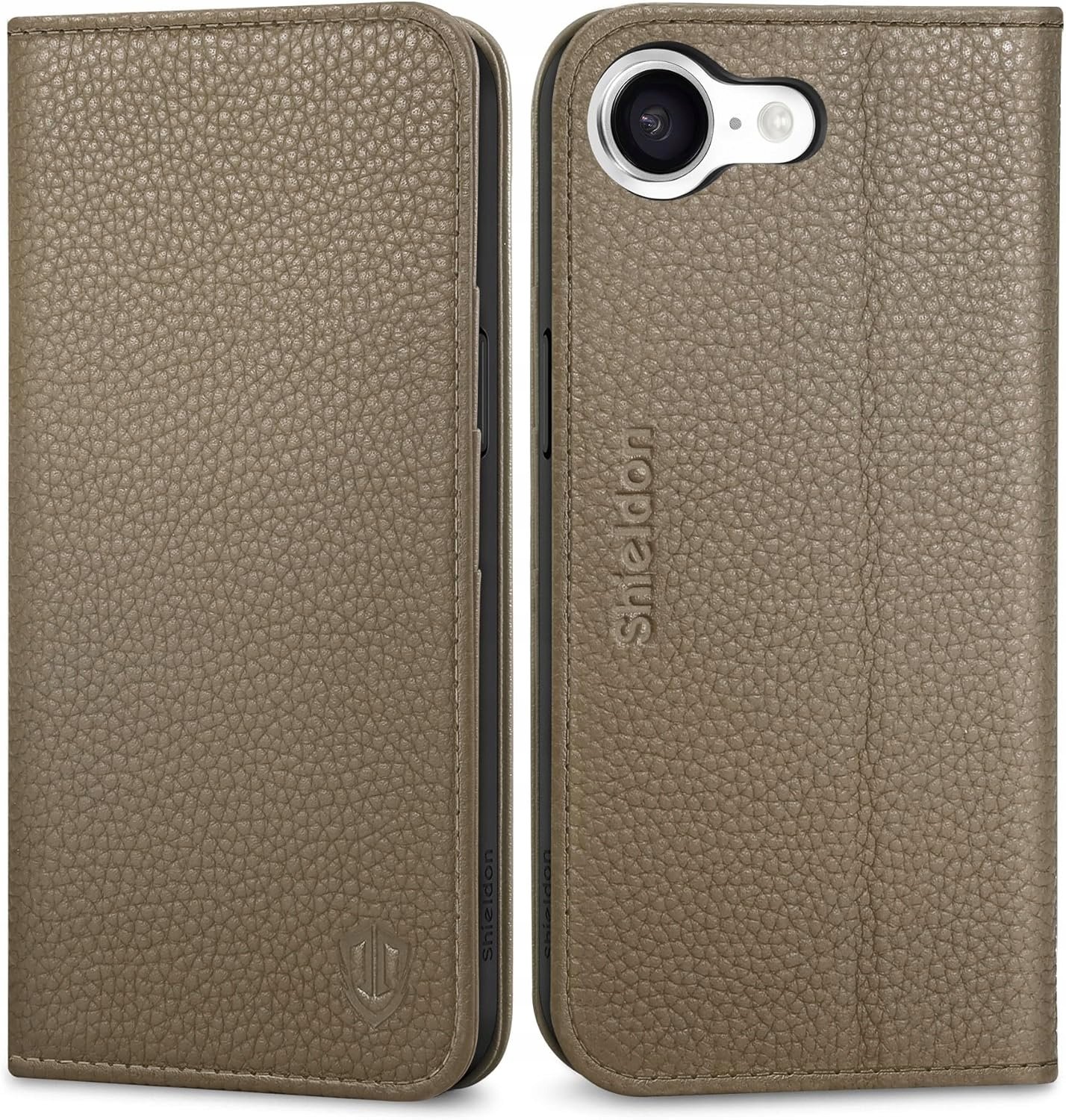 Shieldon naturalne etui skórzane iPhone 16e 17e portfel z klapką brązowe