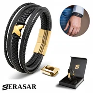 Bransolety męskie - SERASAR, męska skórzana bransoletka „Flake”, złoto, 20 cm, ze stalowym zapięciem magnetycznym, w zestawie pudełko prezentowe - miniaturka - grafika 1