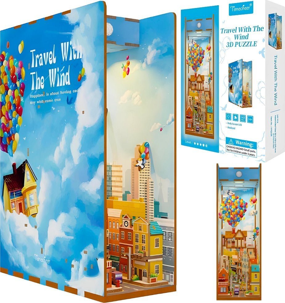 Robotime Tonecheer Składany Drewniany Model 3D LED - Book Nook Podróż z Wiatrem