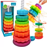 Zabawki interaktywne dla dzieci - Zakręcona Wieża Tęczowa Piramidka Sensoryczna TĘCZOWE KOŁA ZĘBATE  Spirala Do Układania Sorter  Bam Bam - miniaturka - grafika 1