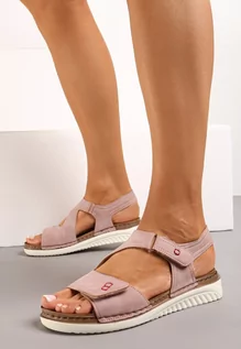 Sandały damskie - Różowe Klasyczne Płaskie Sandały Zapinane na Rzep Serinde - grafika 1