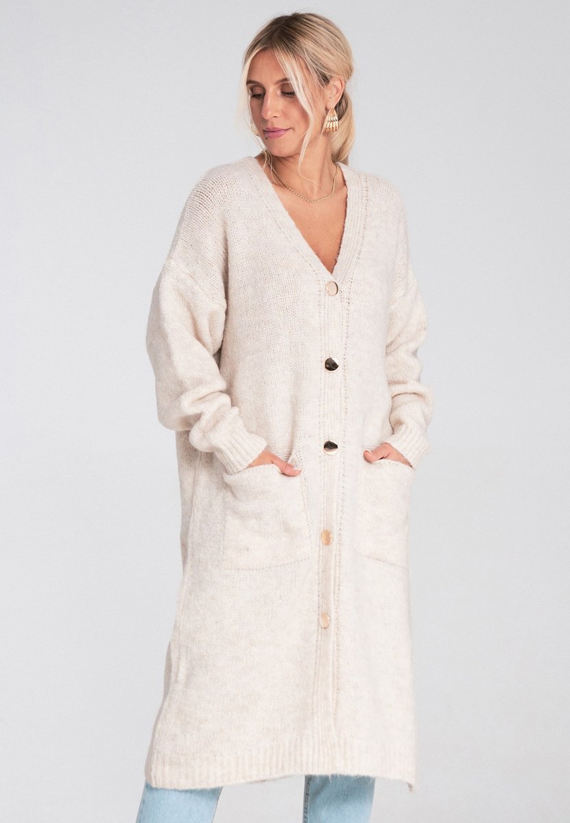 Długi damski kardigan na guziki z kieszeniami dekolt V do połowy łydki oversize casual - M1237, beżowy, M