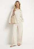 Komplety damskie - Beżowy Komplet z Wiskozą Koszula Ściągana w Talii i Szerokie Spodnie Divellara - miniaturka - grafika 1