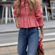 Koszule damskie - TEMU Kardigan w Stylu Vintage dla Kobiet - Czerwono-Biały Kratka w Kostkę, Elegancki z Falbanką na Dołku, Otwarty Przód, Miękkie Szczegóły, Długie - miniaturka - grafika 1