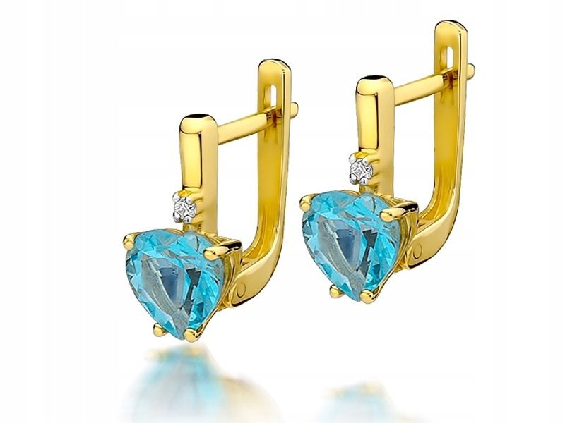Złote kolczyki 585 serce topaz i brylant 3,20g modny wzór prezent 14kt
