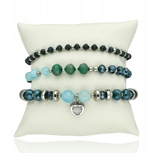 Zestaw Komplet 3 Bransoletek Koralikowych Z Muszli I Szkła Zawieszka Serce