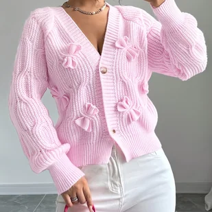 TEMU Damski kardigan w delikatnym różowym stonowym kolorze z kokardką i długim rękawem - Swetry damskie - miniaturka - grafika 1