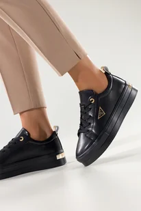 Czarne sneakersy skórzane damskie creepersy na ozdobnej platformie sznurowane na cholewce złota ozdoba Carla 7688 - Półbuty damskie - miniaturka - grafika 1