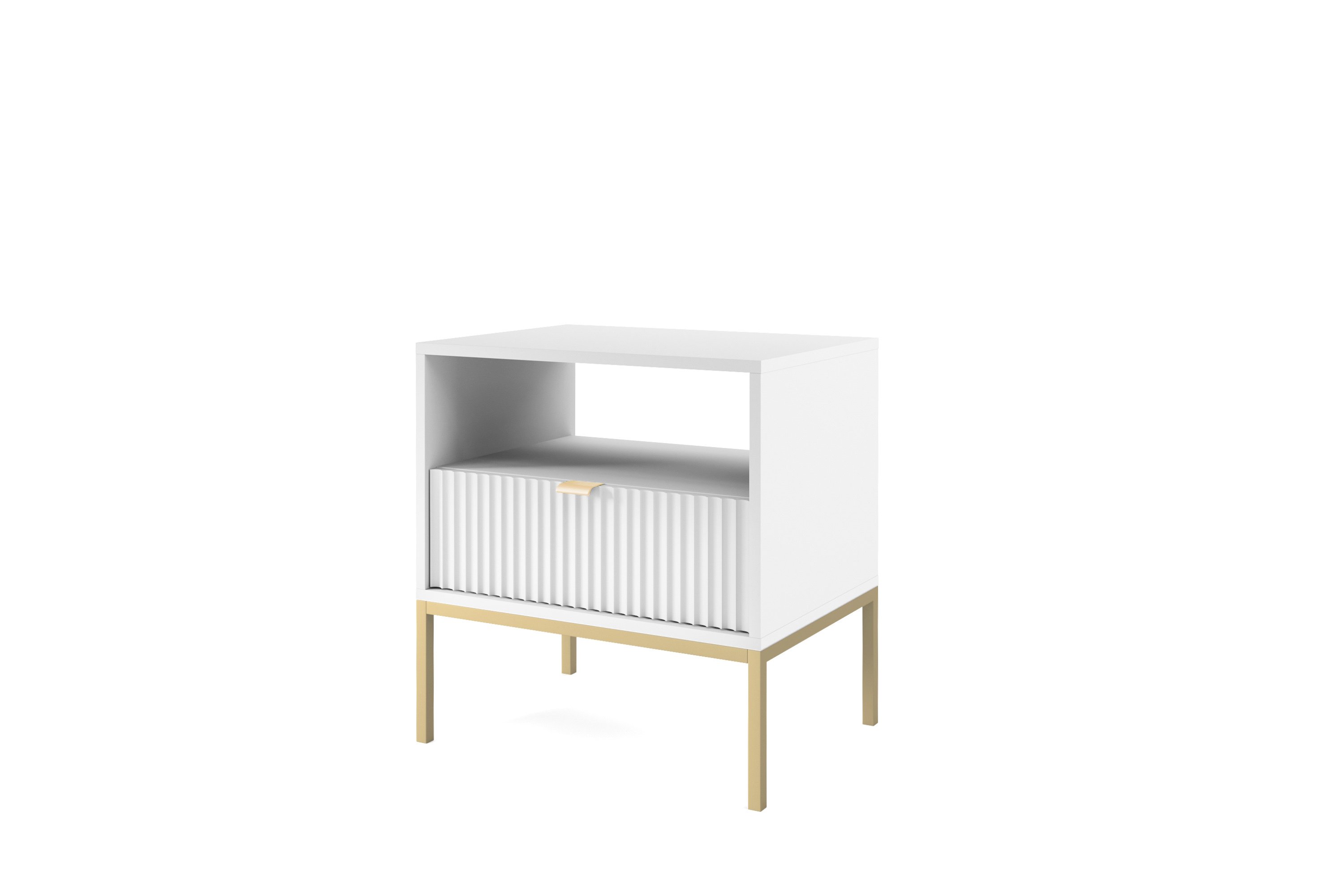 Szafka nocna: dwie szuflady, kolor: biały, kolor ramy: złoty Wymiary mebla: szer. 54 cm, wys. 56 cm, gł. 39 cm