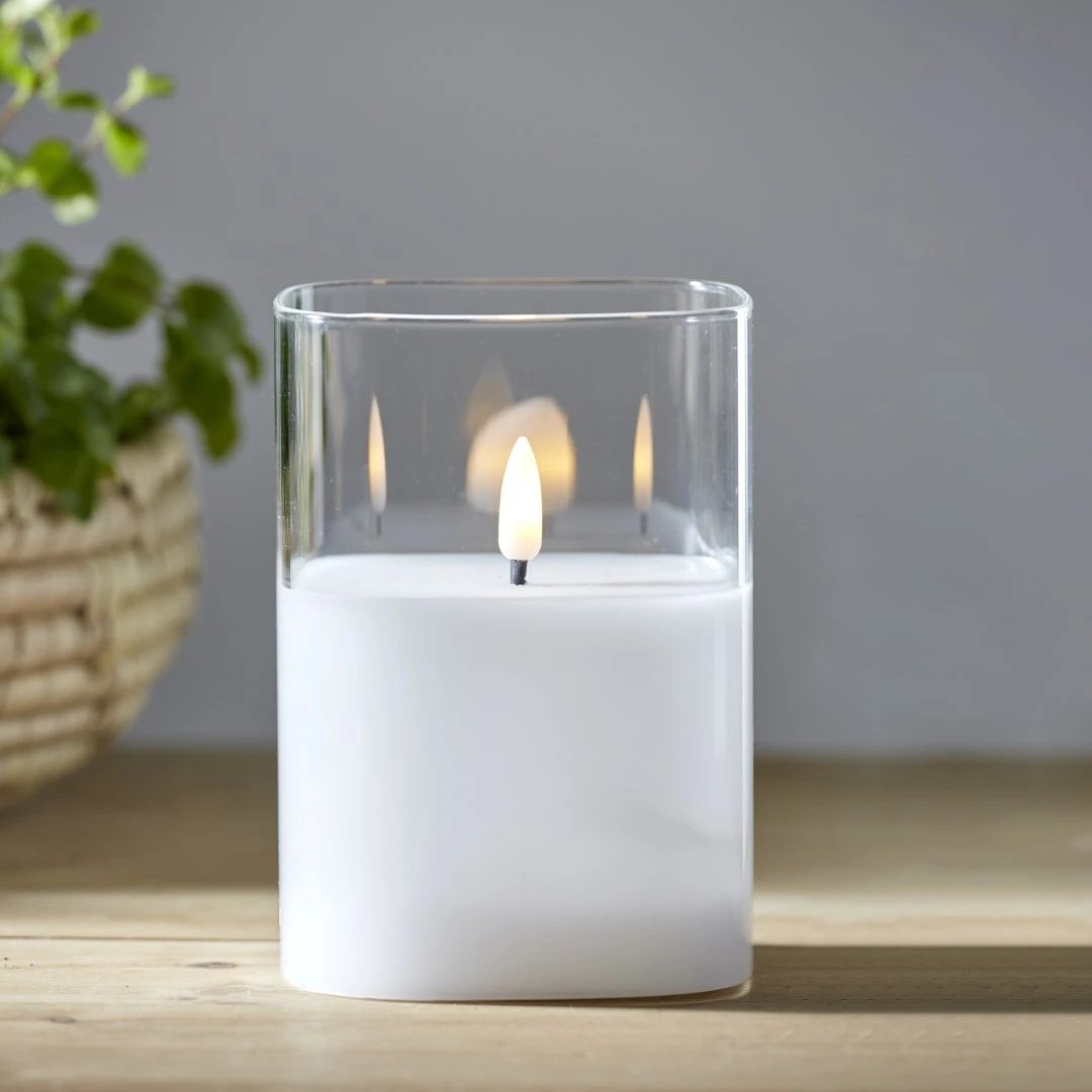 Świeca Led szklana woskowa FLAMME GLASS biała 12,5cm