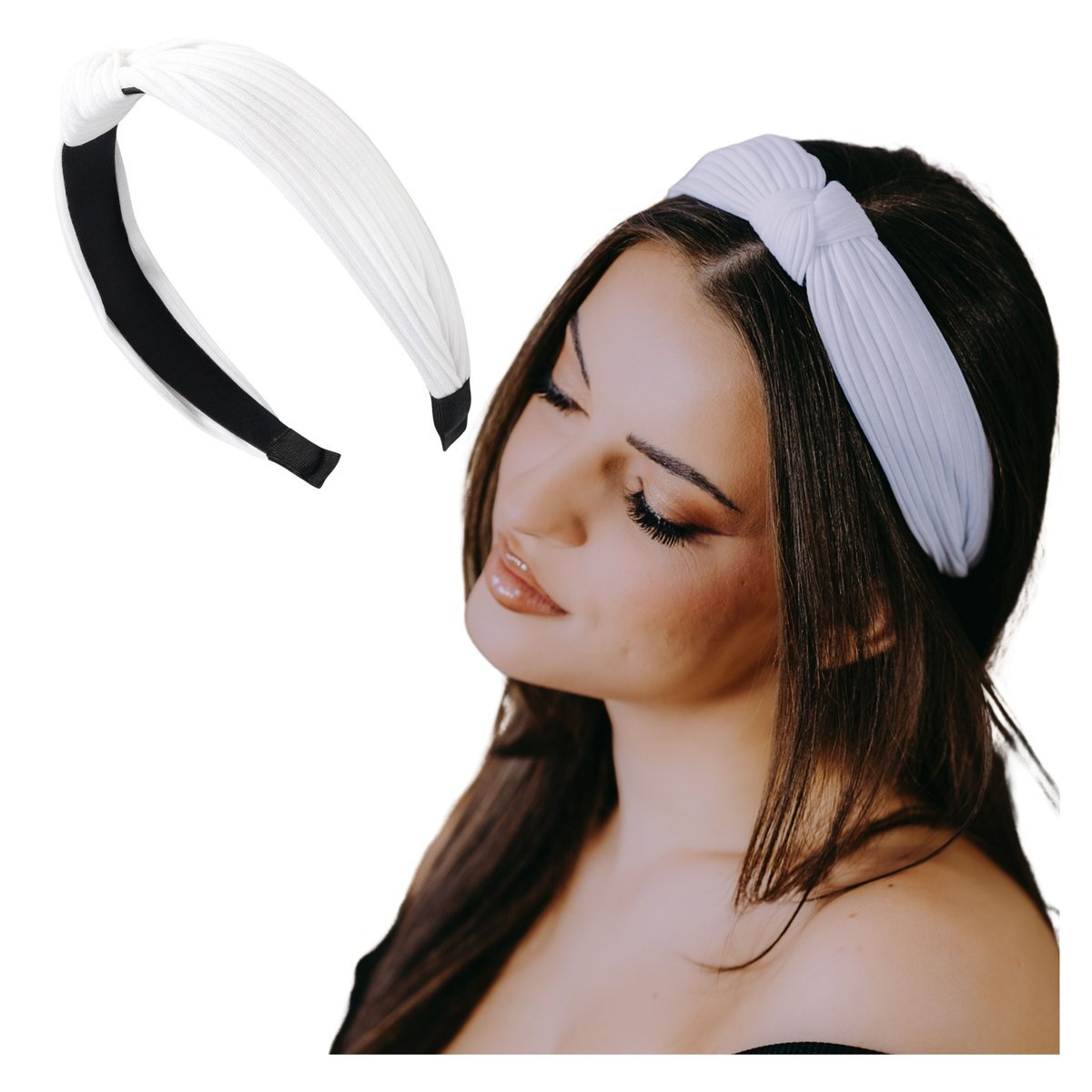 Opaska do Włosów Biała Szeroka w Prążkowany Wzór z Supłem Lekka i Wygodna