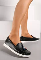 Mokasyny damskie - Czarne Ażurowe Mokasyny z Marszczeniem i Frędzlami ze Skórzaną Wkładką Imbleria - miniaturka - grafika 1