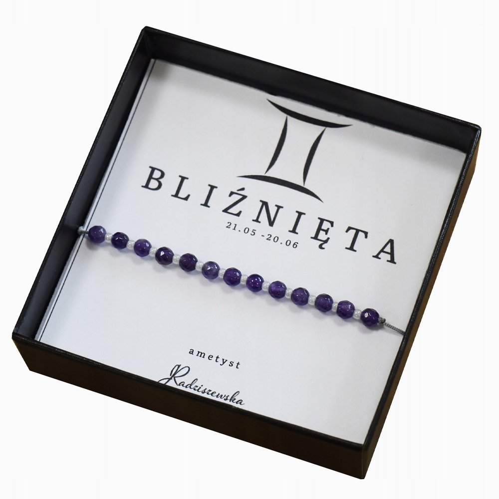 Bransoletka z Kamieni Naturalnych BLIŹNIĘTA Znak Zodiaku Ametyst 925