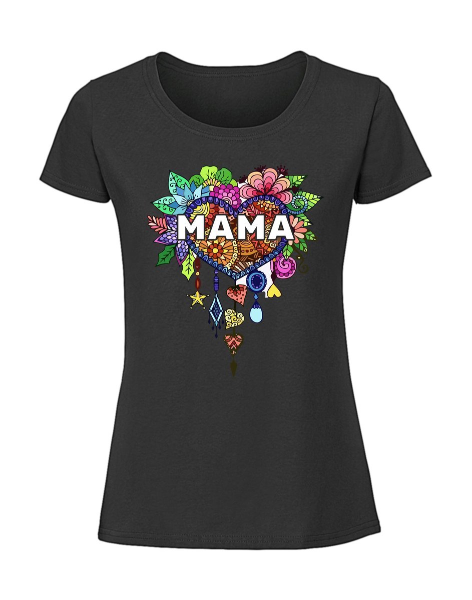 Damska koszulka z nadrukiem - MAMA SERCE KWIATY czarny XL