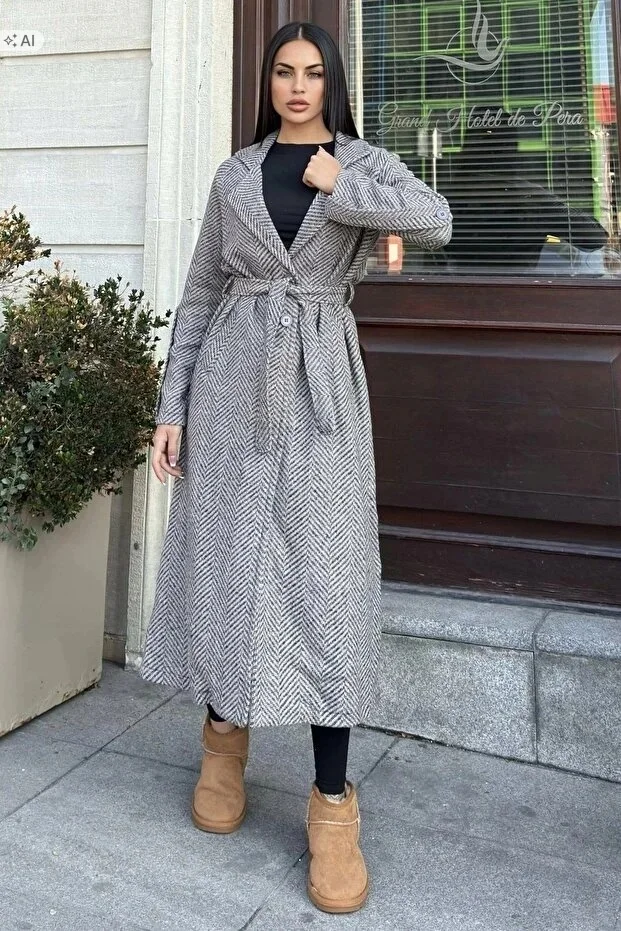 DŁUGI PŁASZCZ MELANŻOWY Z PASKIEM ELEGANCKI 42 5IA