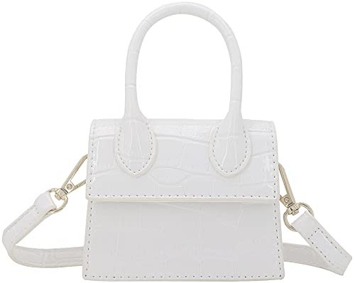Nodeber Mini Crossbody Bag for Women Girls Synthetic Leather Flap Purse Styling Top-Handle Clutch Handbag Croco White