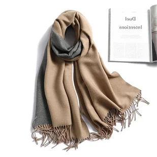Szal szalik damski 100% kaszmirowy beżowy szary - Apaszki i szaliki damskie - miniaturka - grafika 1