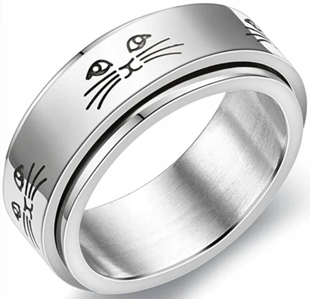 Srebrny Pierścionek Kot Obrotowy Stal Szlachetna