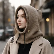Czapki damskie - Balaclava kominiarka kaptur czapka 100% alpaka ręczna robota taupe - miniaturka - grafika 1