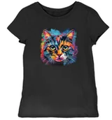 Koszulki i topy damskie - Koszulka damska z kolorową mordką kota czarna M - miniaturka - grafika 1