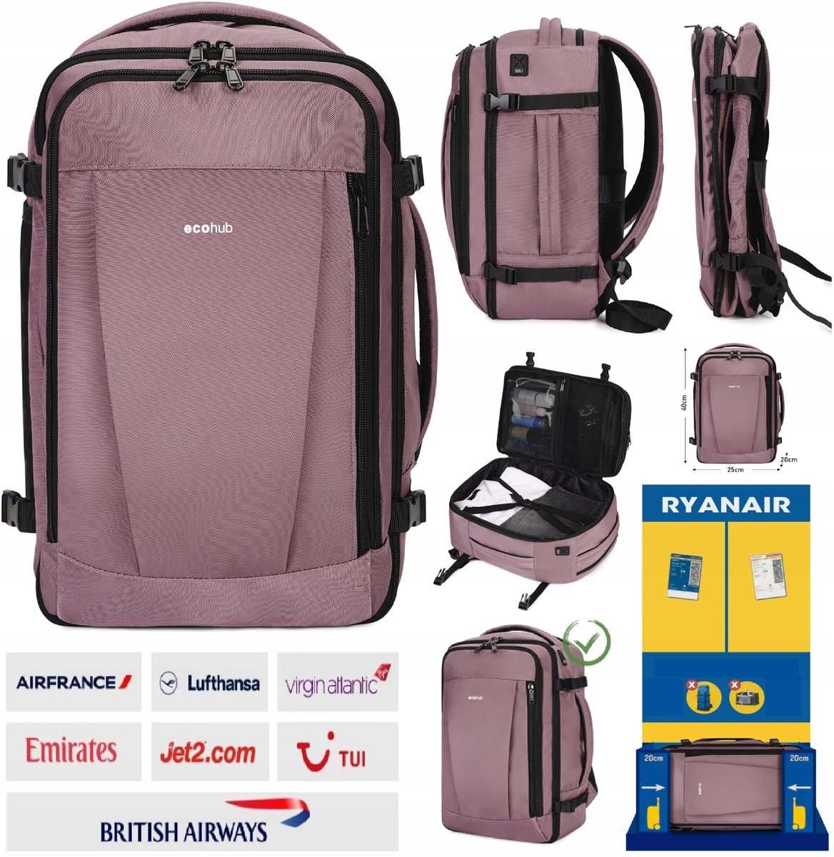 Plecak Podróżny Ryanair Torba Kabinowa 40X20X25Cm 20L Do Samolotu Port Usb