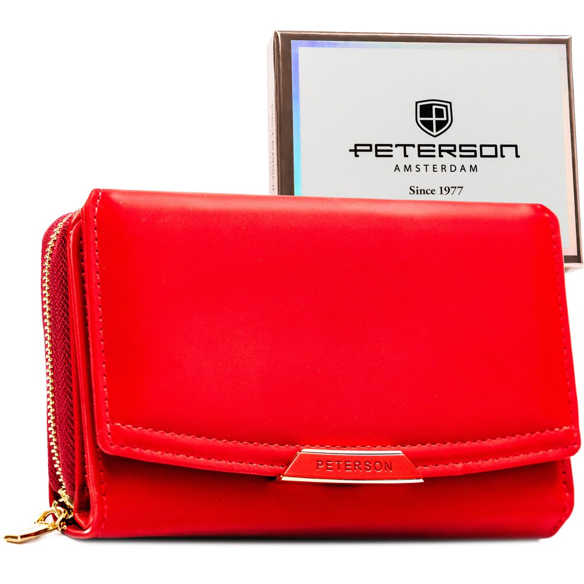 Portfel damski czerwony PETERSON klasyczny na zatrzask średniej wielkości ochrona kart RFID elegancki prezent