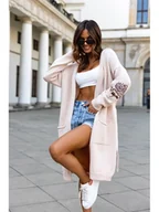 Swetry damskie - Długi wiązany sweter kardigan Rosa polski producent J&K premium - kremowy beż - miniaturka - grafika 1