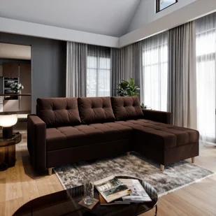 Masseno Narożnik MILO L z funkcją spania i pojemnikiem na pościel Kształt L, Rozkładana sofa, Rogówka - Brązowy, KRONOS 06 - Pościel - miniaturka - grafika 1