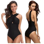 Stroje kąpielowe - JEDNOCZĘŚCIOWY STRÓJ KĄPIELOWY KOSTIUM MONOKINI CZARNY PRZEKŁADANY DEKOLT S - miniaturka - grafika 1