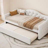 Łóżka dla dzieci i młodzieży - Łóżko pojedyncze 90x200cm + łóżko piętrowe 90x190cm - tapicerowane tkaniną lnianą - beżowe (materac nie wchodzi w skład zestawu) - miniaturka - grafika 1