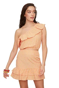 Trendyol Women's Ginghamber Bottom Top Team Skirt Set, pomarańczowy, 40 - Koszulki i topy damskie - miniaturka - grafika 1