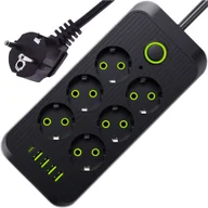 Listwy zasilające - Przedłużacz Listwa zasilająca 6 gniazd gniazdka AC EU 4x USB + USB-C typ C gniazda 2500w Czarny - miniaturka - grafika 1