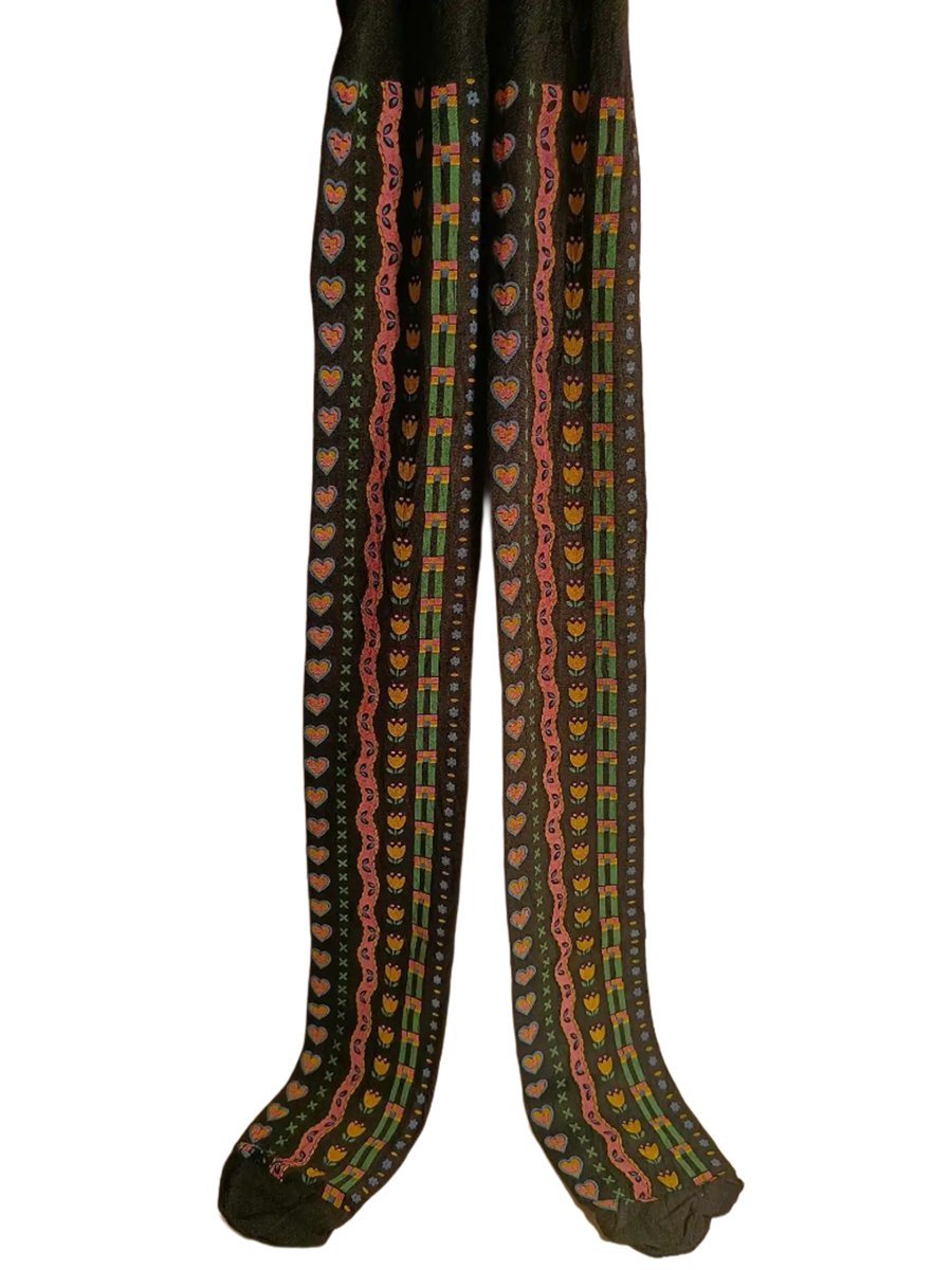 KREBO Rajstopy Dziewczęce Czarne w Kwiaty i Serca Rozmiar 128-134 cm