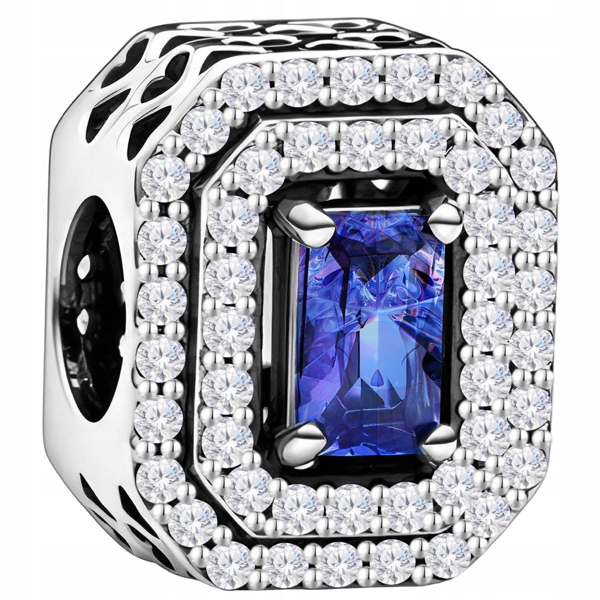 Charms Srebrny 925 Niebieski Kryształ Cyrkonia Lśniący Koralik z Cyrkoniami